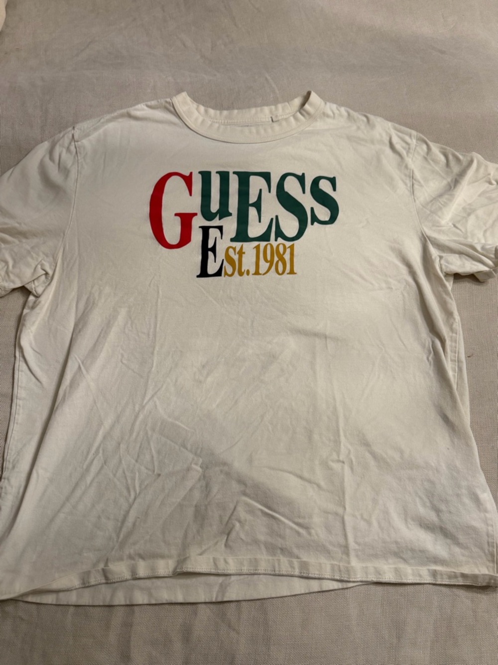 Guess White Short-Sleeve Tee with Red, Green, Black and Gold Logo